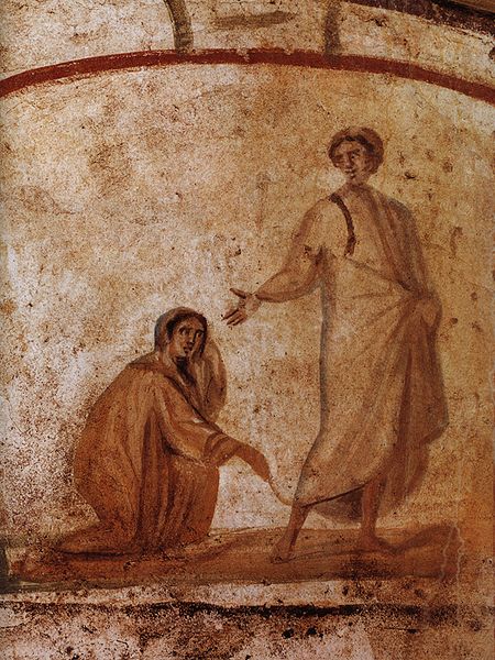 Ficheiro:Healing of a bleeding women Marcellinus-Peter-Catacomb.jpg