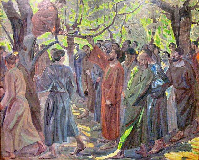 Painting showing Jesus holds up his hand to call Zacchaeus down from the tree while a crowd watches