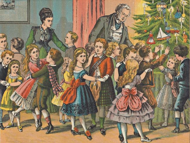 File:Woonkamer vol keurig geklede kinderen die bij de kerstboom dansen.jpg