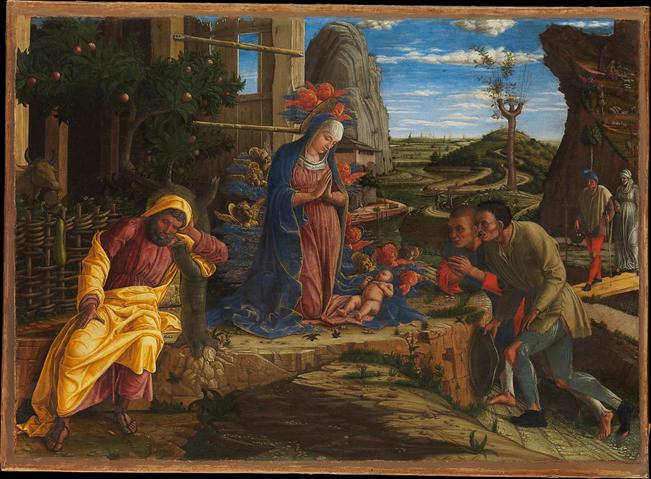 A Adorao dos Pastores, Andrea Mantegna (italiano, Isola di Carturo 1430 / 311506 Mntua), Tempera sobre tela, transferida de madeira 