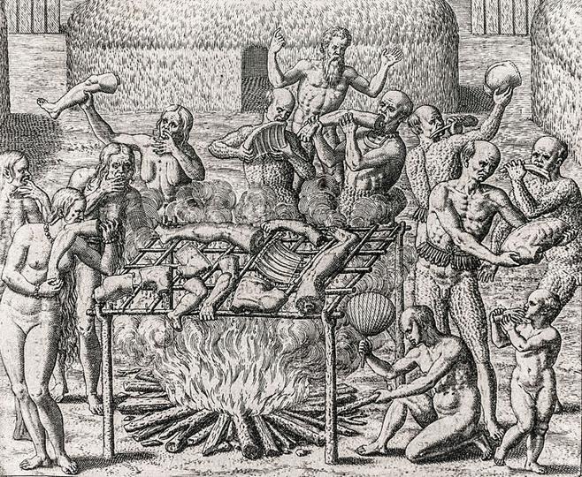 Xilogravura mostrando 12 pessoas segurando vrias partes do corpo humano em uma fogueira aberta, onde partes do corpo humano, suspensas em uma tipia, esto cozinhando.