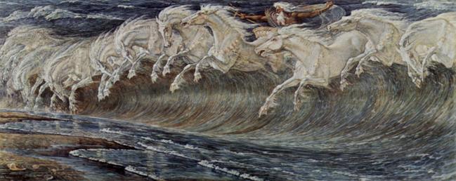 Desenho de um majestoso velho barbudo em uma carruagem flutuando no mar, desenhado por cavalos formando a espuma das ondas.