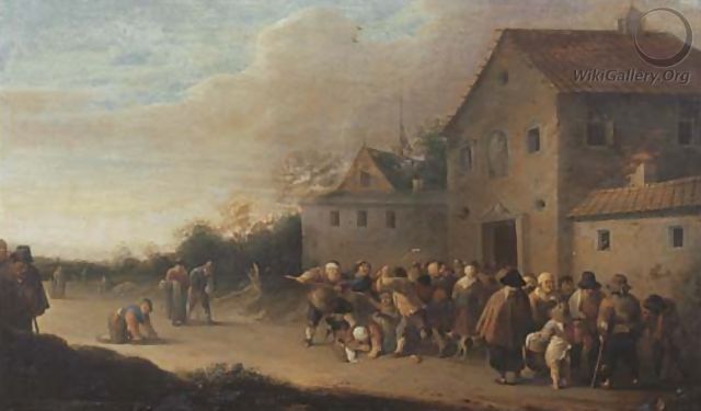 Uma paisagem de aldeia com a distribuio de po aos pobres - Pieter de Bloot