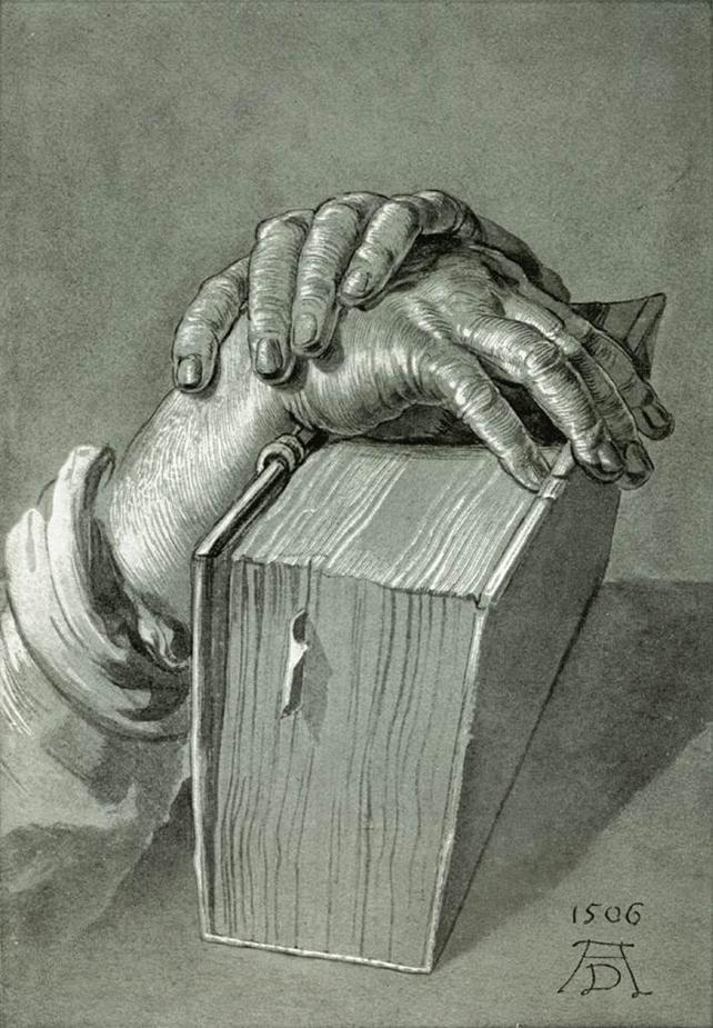 https://upload.wikimedia.org/wikipedia/commons/3/3f/D%C3%BCrer%2C_Albrecht_-_Hand_Study_with_Bible_-_1506.jpg