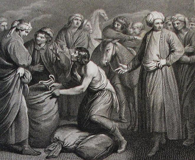 The_Phillip_Medhurst_Picture_Torah_222._Joseph�s_cup_found_in_Benjamin�s_sack._Genesis_cap_44_v_12._Mortier�s_Bible